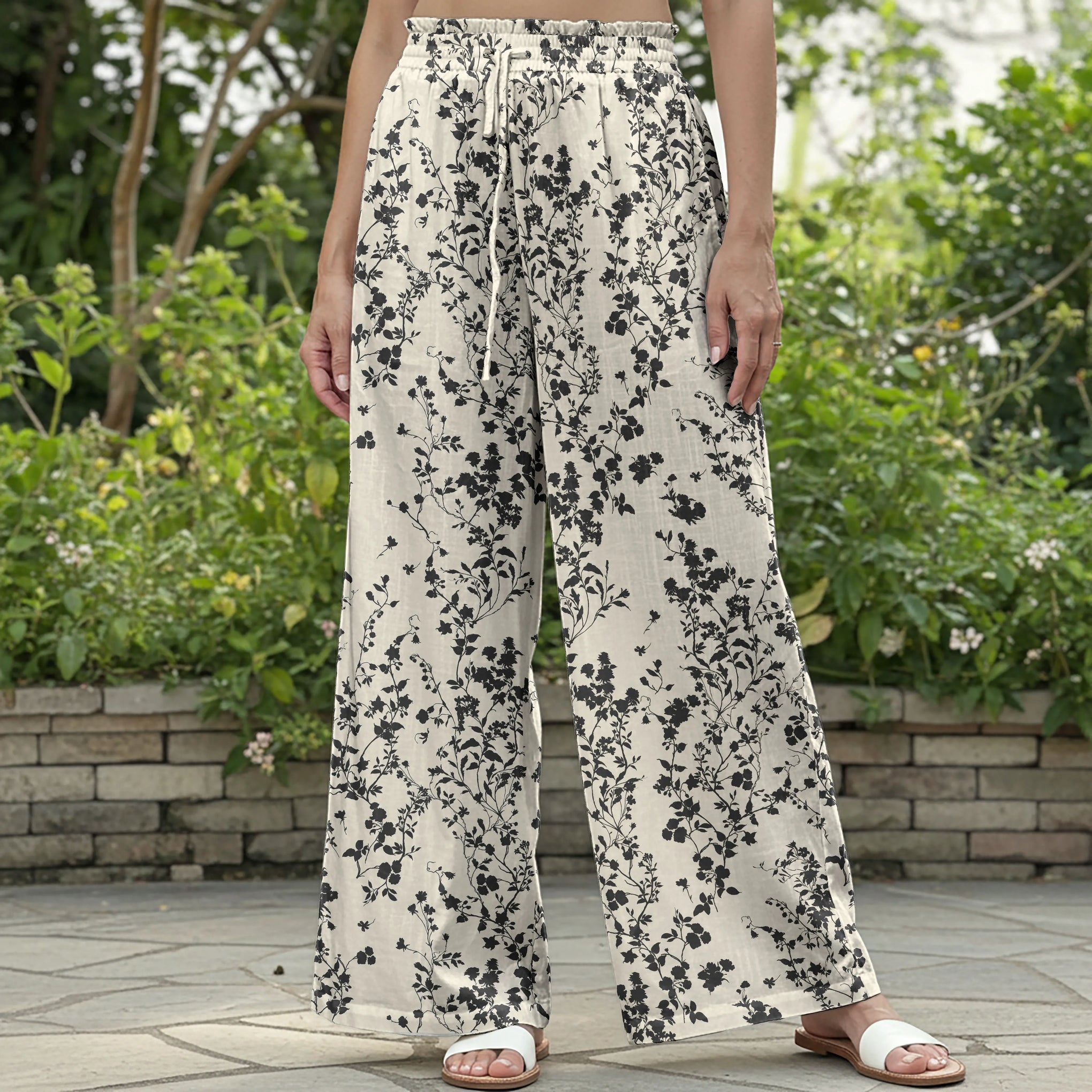 Women Casual Pants Lounge Elastic Waist Drawstring with Pockets 100% Cotton Beige Aloha Tranquil Inkvine