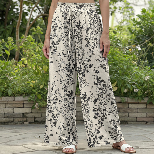Women Casual Pants Lounge Elastic Waist Drawstring with Pockets 100% Cotton Beige Aloha Tranquil Inkvine