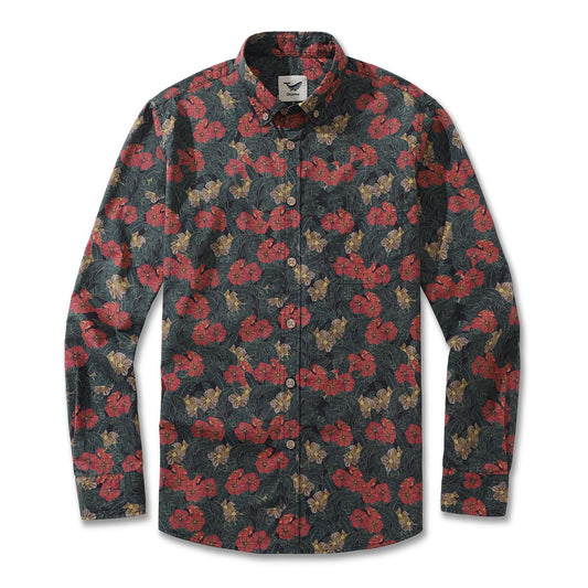 Serenity in Bloom Hawaiian Shirt for Men, floral print, 100% cotton, long sleeve