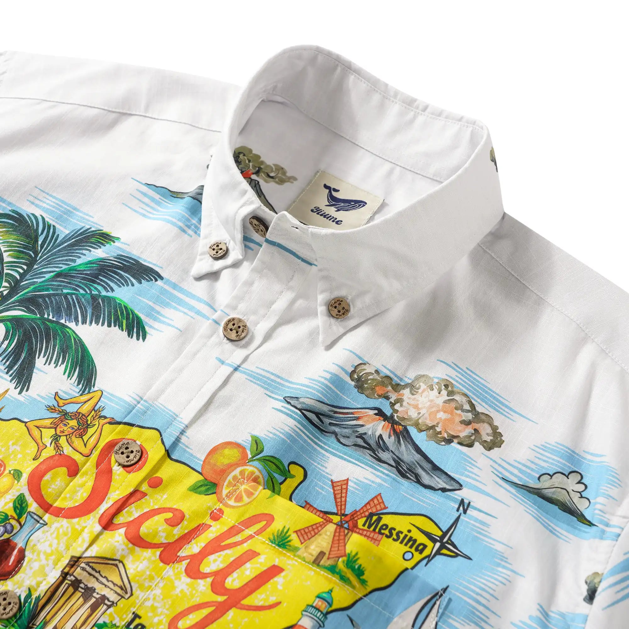 Men's Hawaiian Shirt Short Sleeve Button-down 100% Cotton Blue Aloha Sicilian Coast