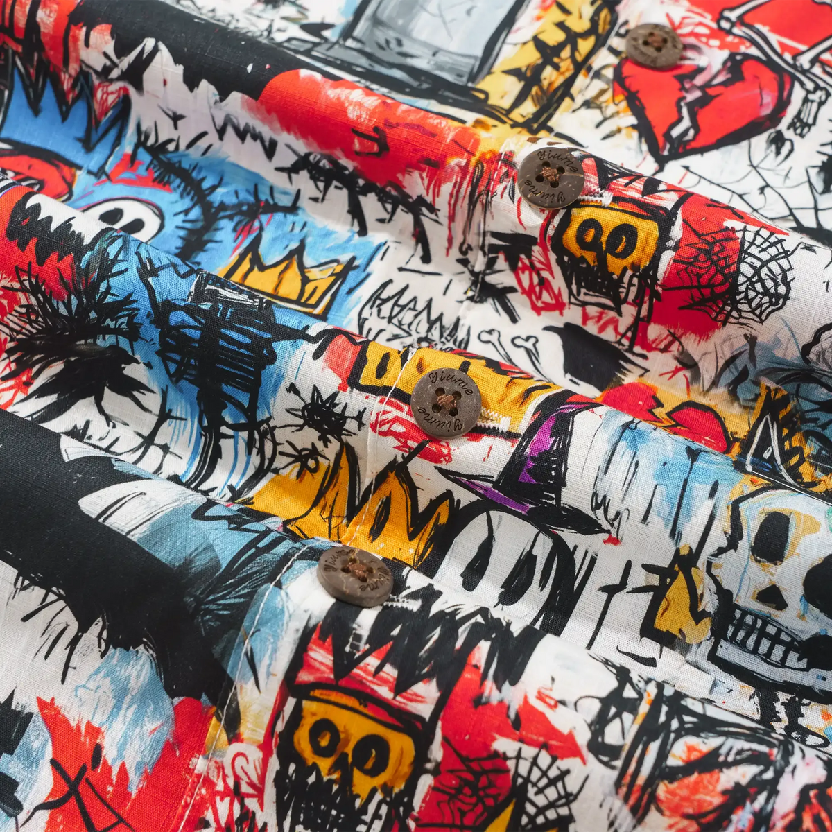 Men's Skull Graffiti Hawaiian Shirt, White, Short Sleeve