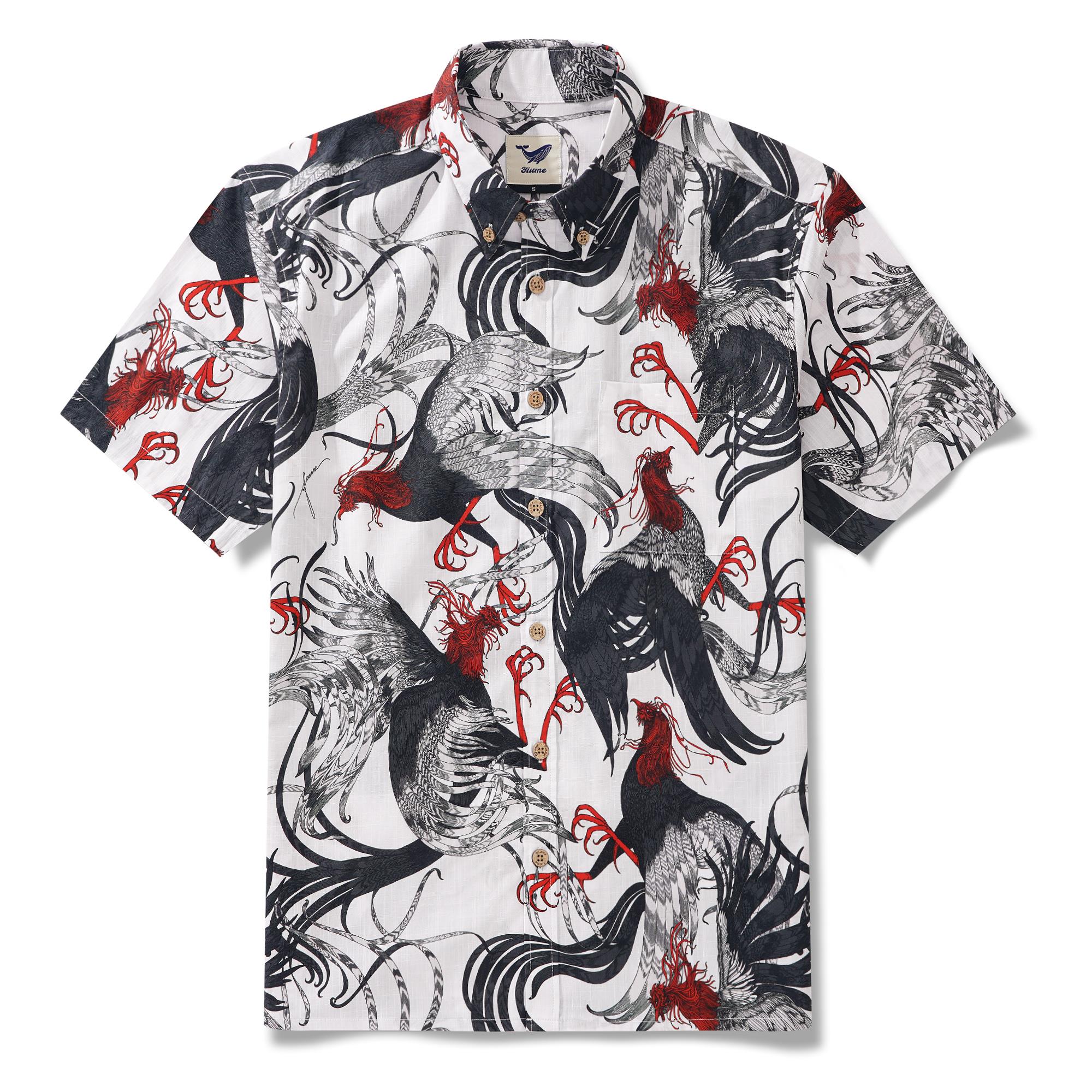 Men's Hawaiian Shirt Short Sleeve Button-down 100% Cotton Aloha Red - Crested Phantom By Feanne
