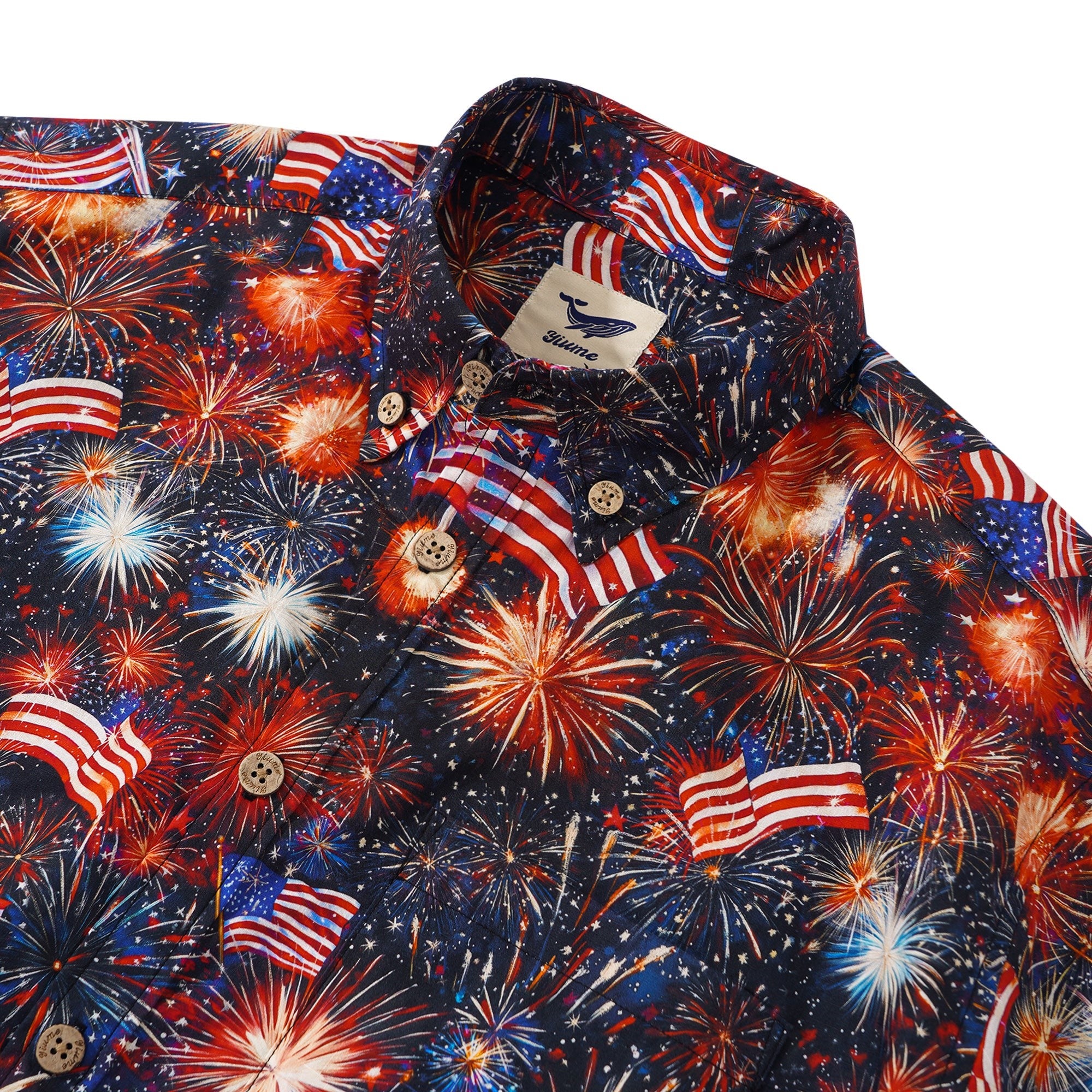 Herren Hawaiian Shirt Kurzarm Button-Down 100% Baumwolle Schwarz Aloha Patriotische Feuerwerke
