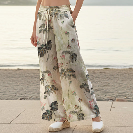 Women Casual Pants Lounge Elastic Waist Drawstring with Pockets 100% Cotton Green Aloha Lotus Charm