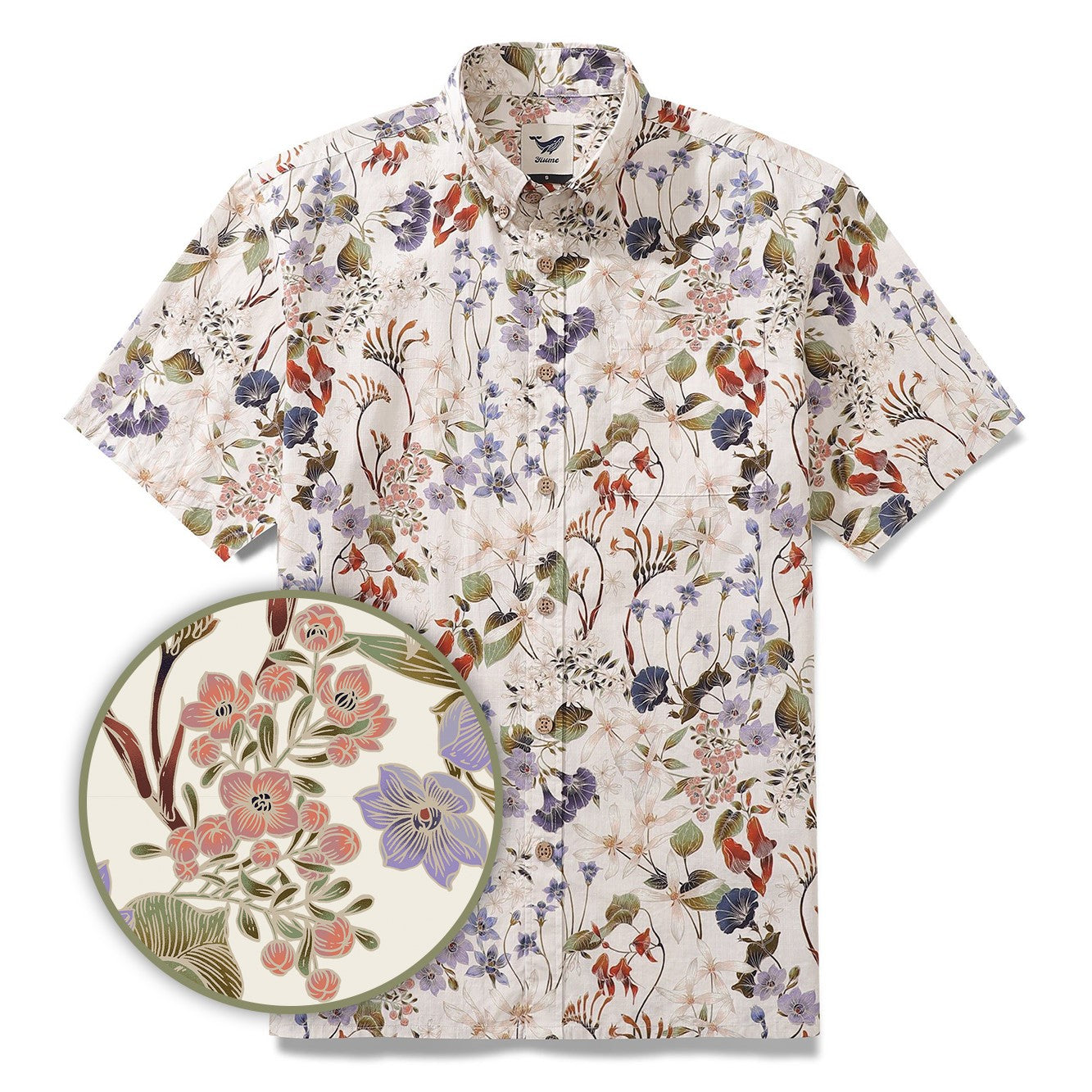 Chemise hawaïenne des années 1930 pour hommes Imprimé fleurs sauvages en coton à manches courtes Aloha