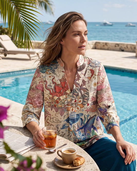 Aloha Beige Women's Art Shirt, 3/4 Sleeve, V-Neck, Lyocell