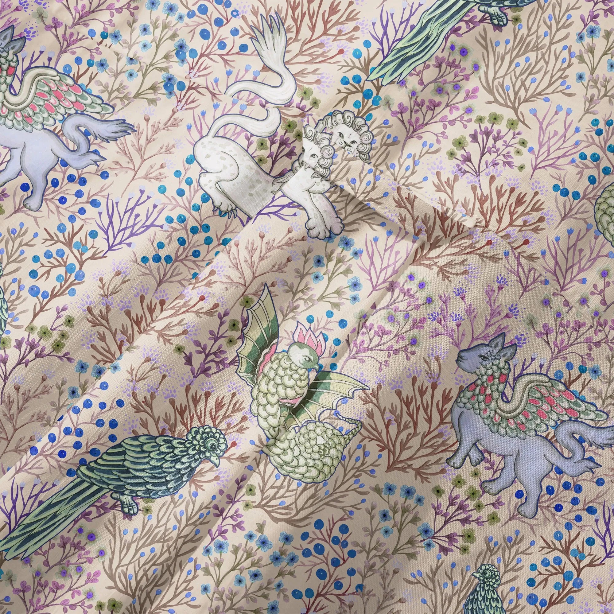 Detailed floral and mythical design on Hawaiian shirt
