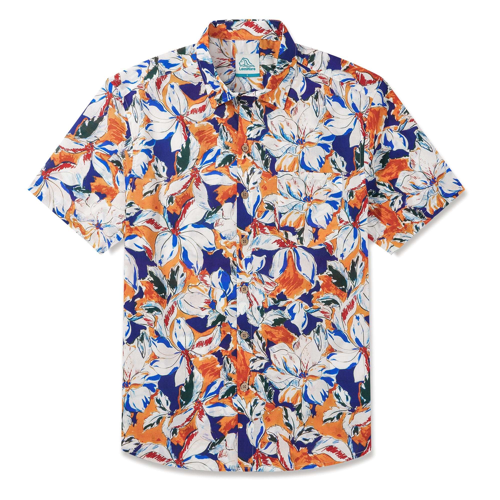 LeosWare® Men's Hawaiian Shirt Short Sleeve Button-up 100% Cotton Blue Aloha Blue Tropical Floral Illustration