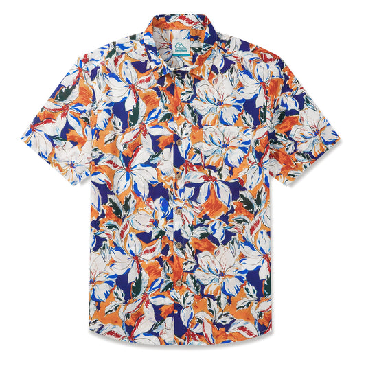 Camisa Hawaiana para Hombres LeosWare® de Manga Corta, Botonada 100% Algodón Azul Aloha, Ilustración Floral Tropical