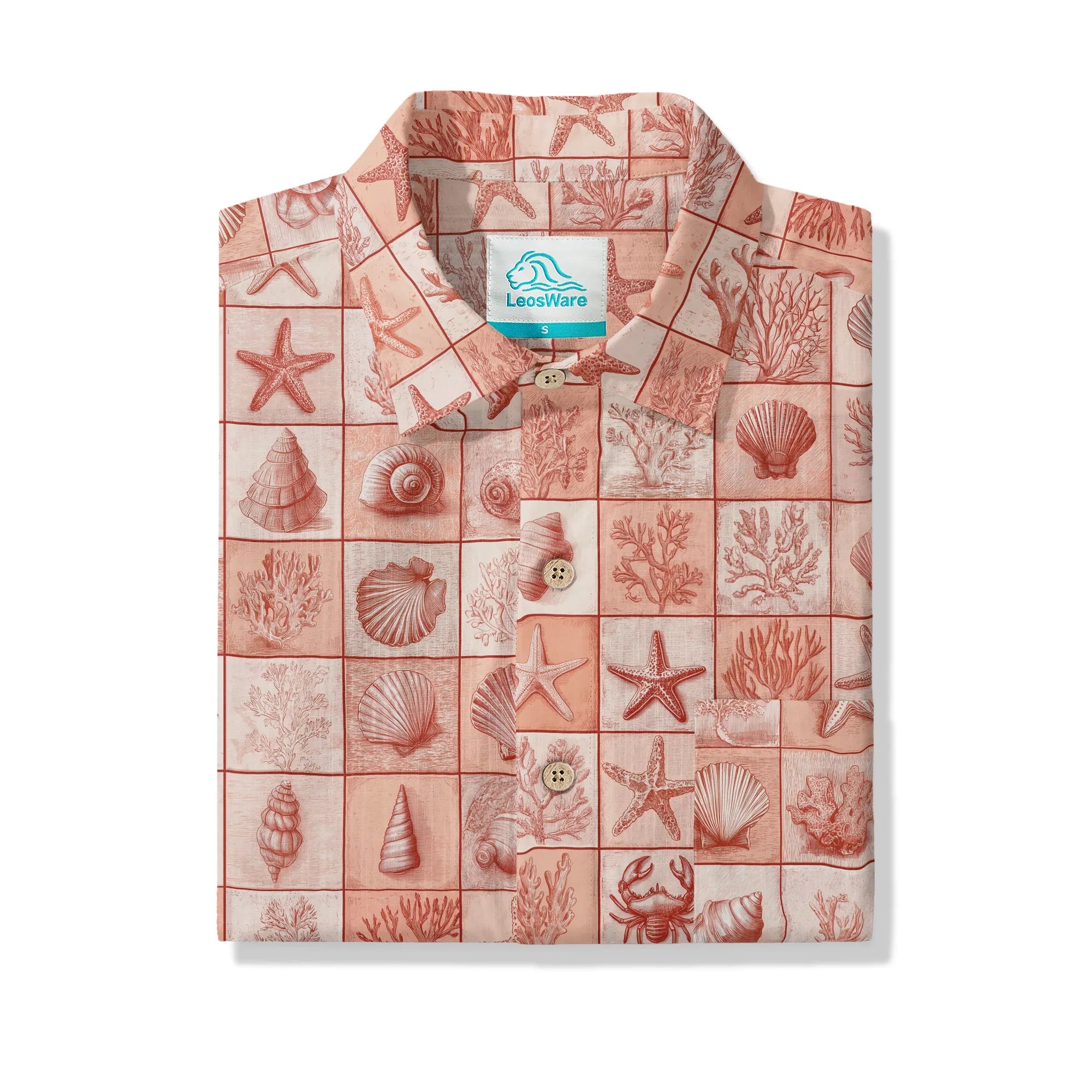 Front view of men's Hawaiian shirt in coral red plaid