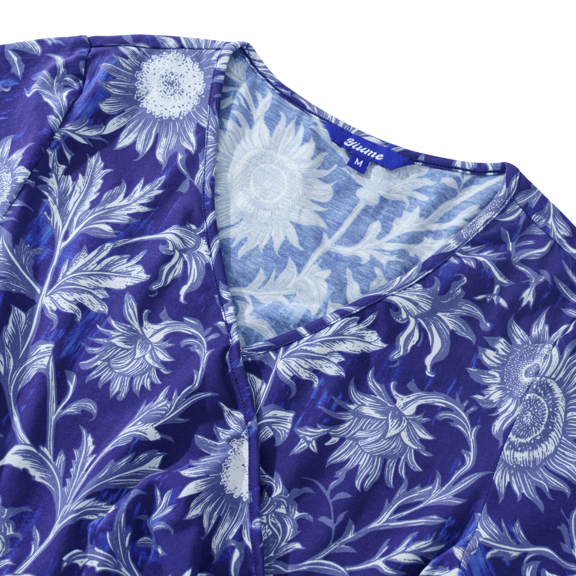 Robe hawaïenne pour femmes en bleu et blanc, en porcelaine, avec des tournesols, décolleté en V et manches longues