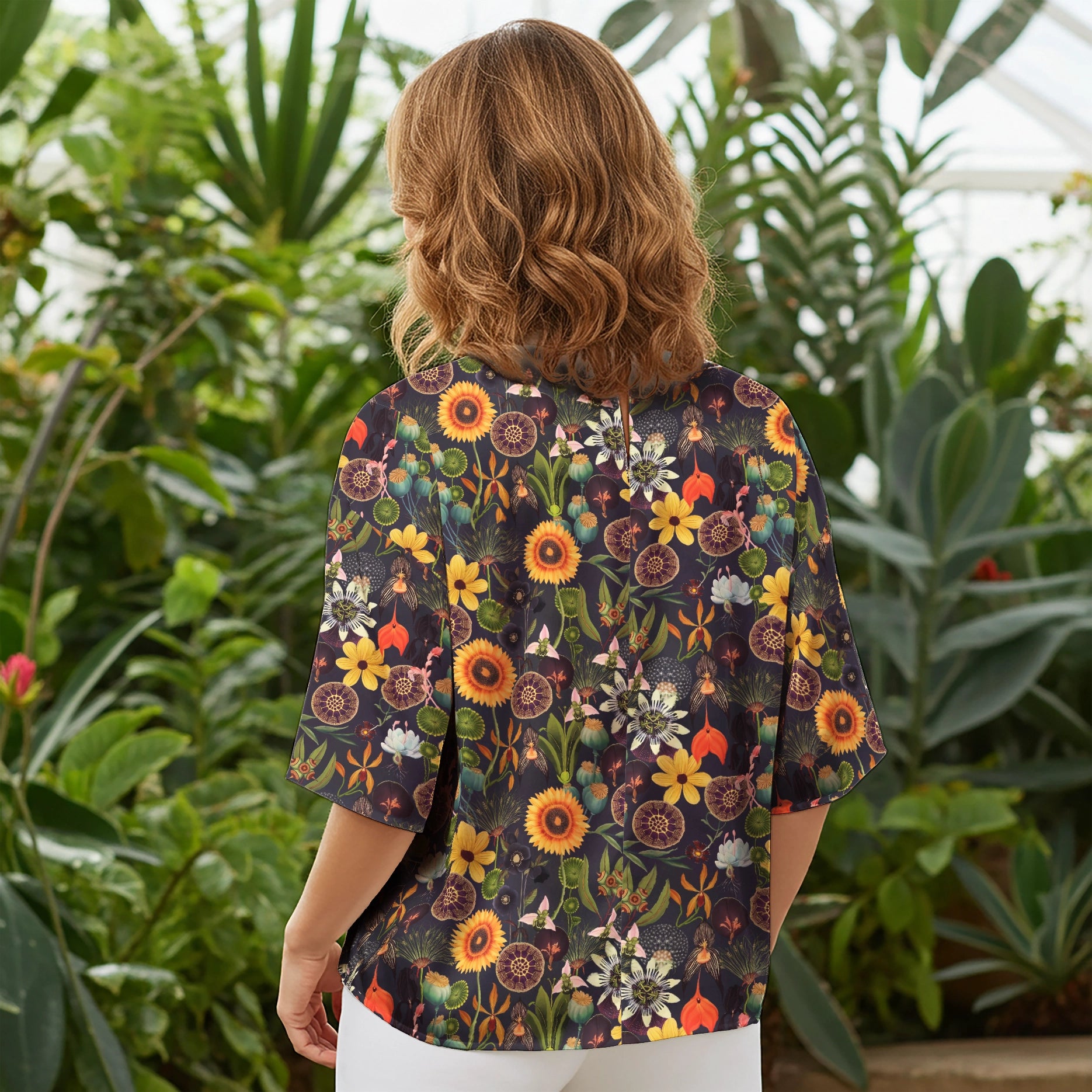 Women Casual Blouse Elbow Sleeve Crew Neck Button-Back 100% Lyocell Brown Aloha Sunflower Serenity