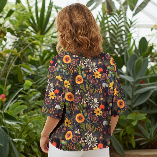 Women Casual Blouse Elbow Sleeve Crew Neck Button-Back 100% Lyocell Brown Aloha Sunflower Serenity