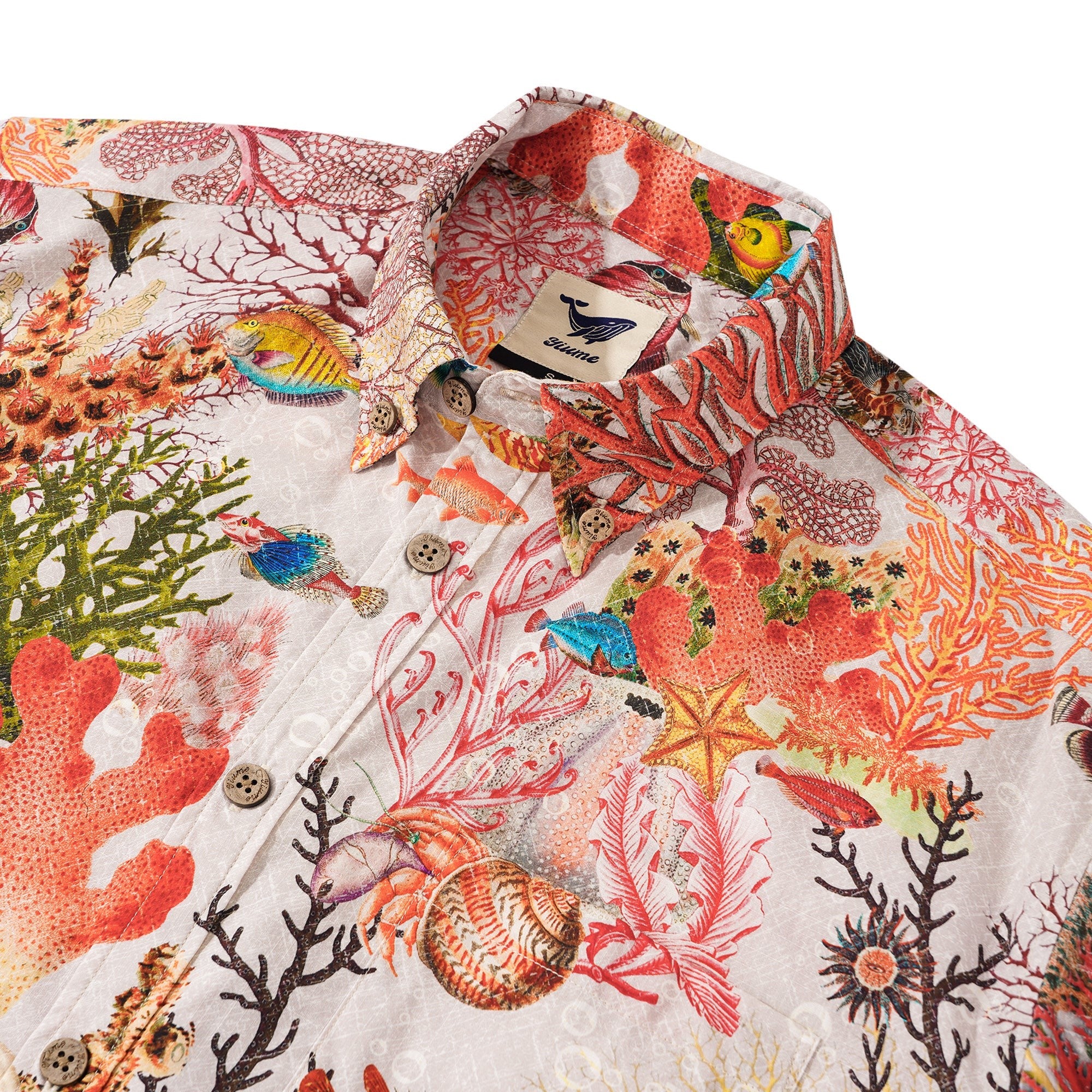 Men's Hawaiian Shirt Short Sleeve Button-down 100% Cotton Beige Aloha Marine Fantasia