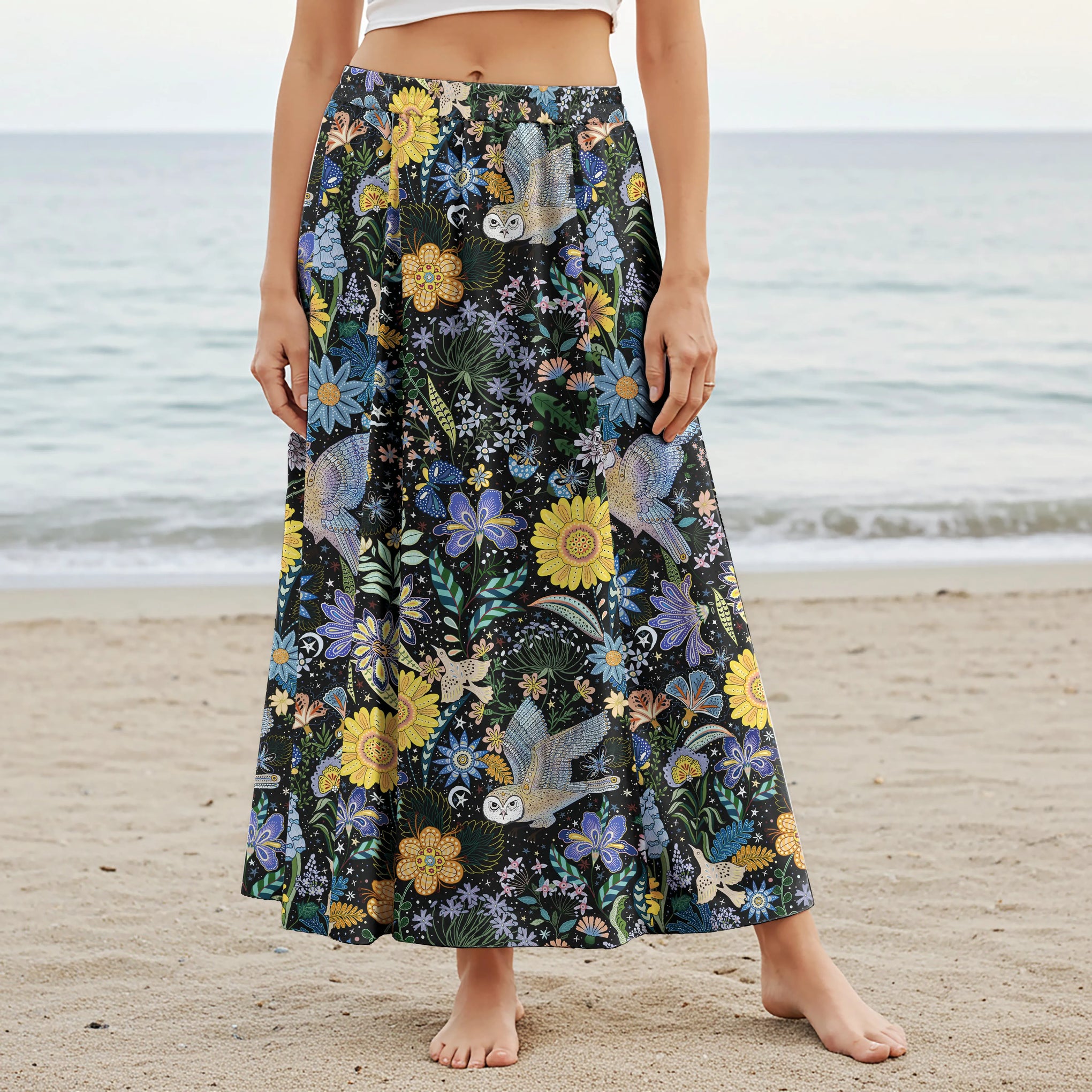 Women Casual Maxi Skirt Long Elastic Waist with Pockets 100% Cotton Beige Aloha Owl's Secret Garden