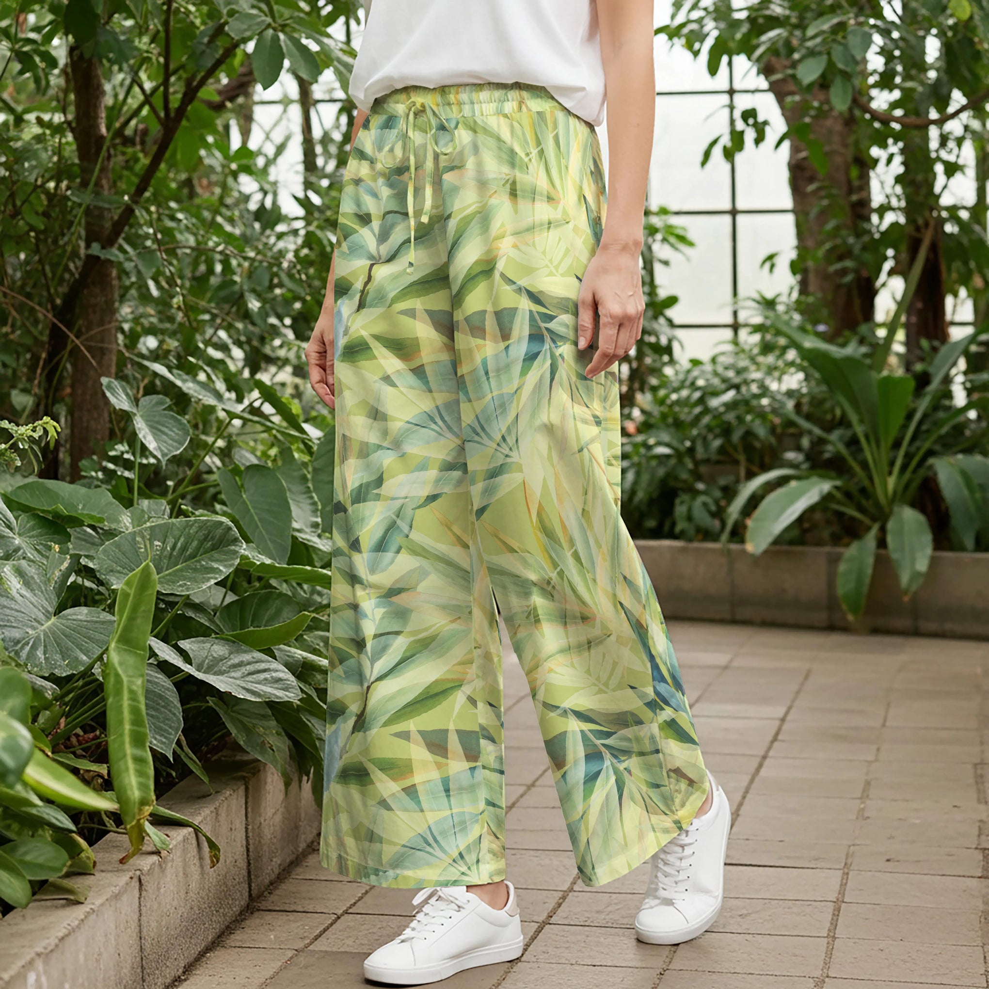 Women Casual Pants Lounge Elastic Waist Drawstring with Pockets 93% Lyocell, 7% Linen Green Aloha Enchanted Leaves