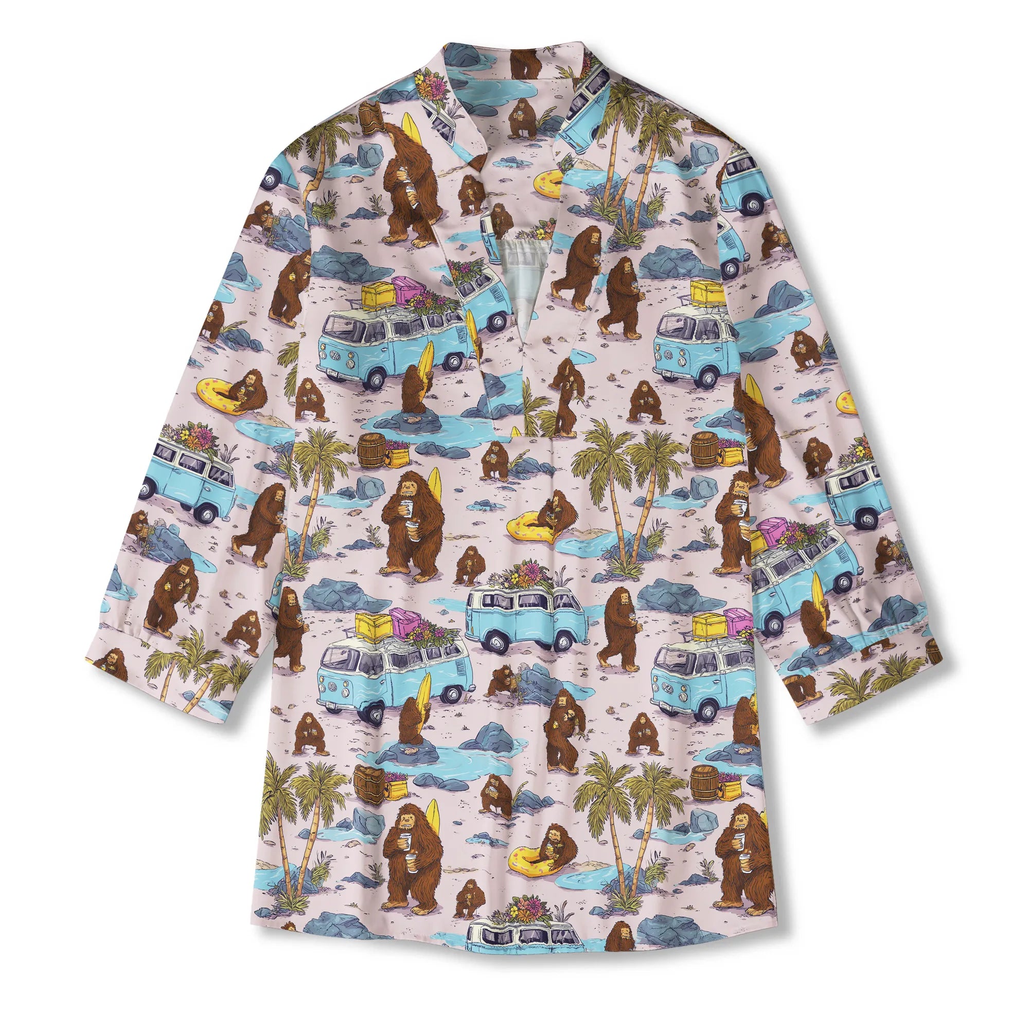 Women's Aloha Pink art shirt with Bigfoot, 3/4 sleeve, V-neck