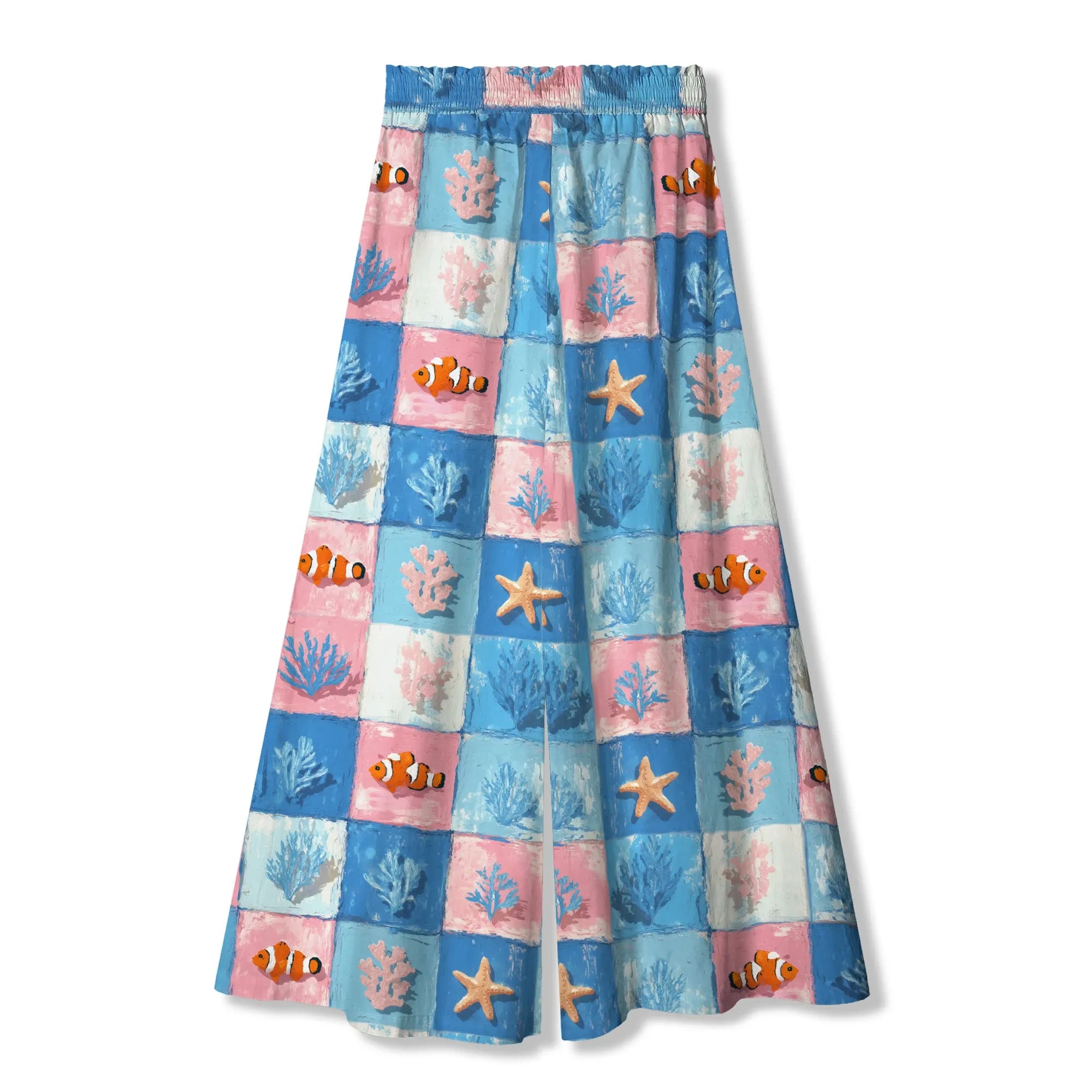 Full view of Blue Aloha Oceanic Chessboard Women's Palazzo Pants