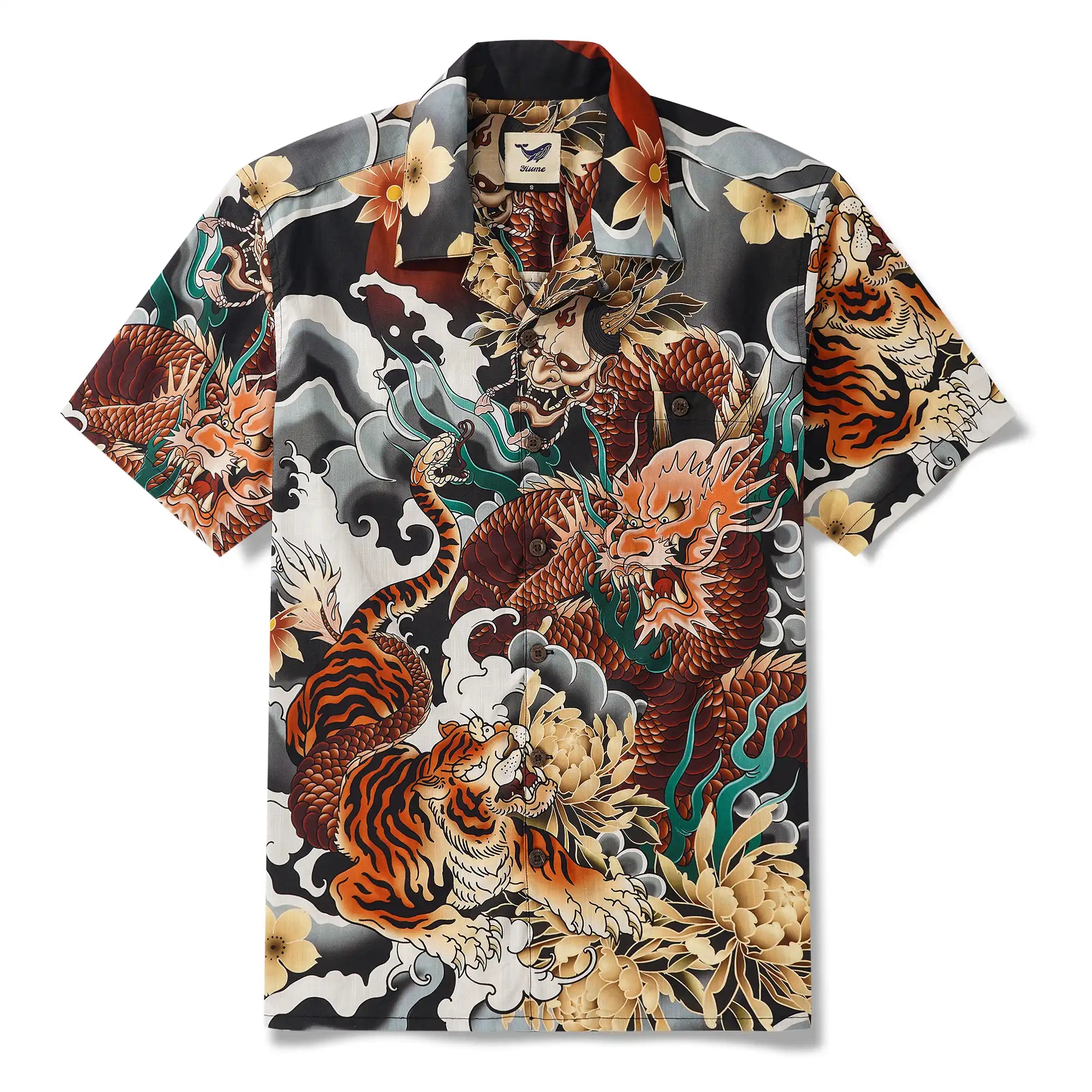 Men's Hawaiian Shirt Short Sleeve Camp Collar 100% Cotton White Aloha Battle Of The Dragons And Tigers