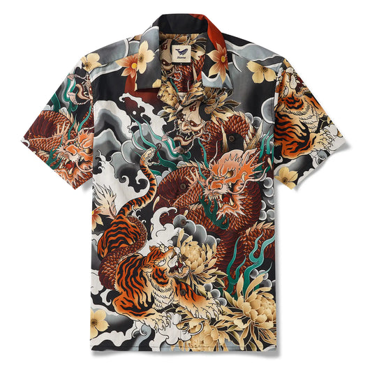 Men's Hawaiian Shirt Short Sleeve Camp Collar 100% Cotton White Aloha Battle Of The Dragons And Tigers