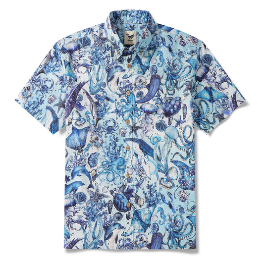 Men's Hawaiian Shirt Short Sleeve Button-down 100% Cotton Blue Aloha Watercolor Ocean