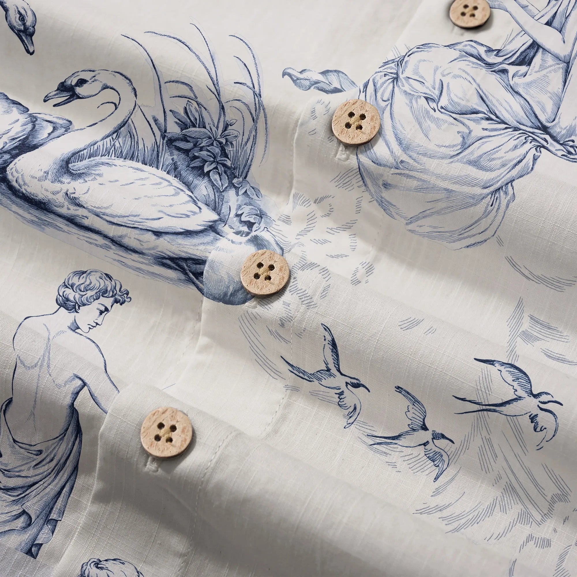 Blue button-up shirt, men's Hawaiian style, art print