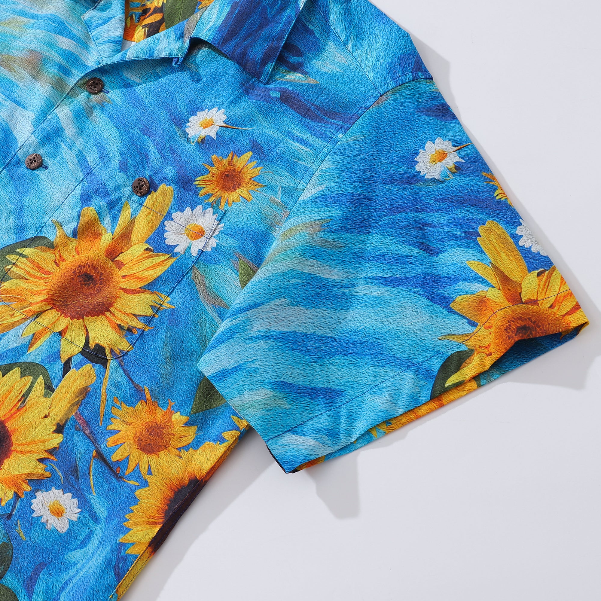 100% Cotton Hawaiian Shirt For Men Sunflowers Growing Wild Blue Camp Collar Shirt