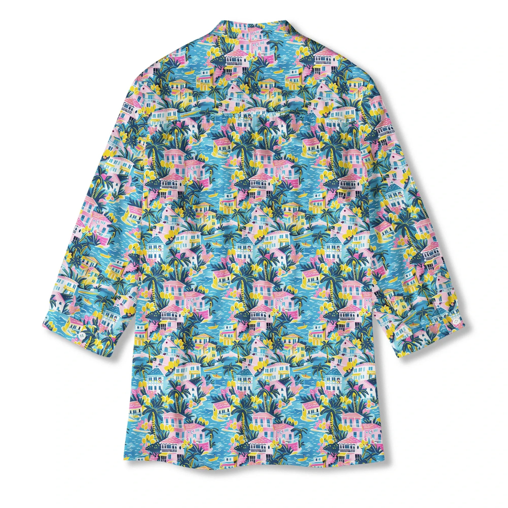 Model wearing women's aloha macaron art shirt, vacation style