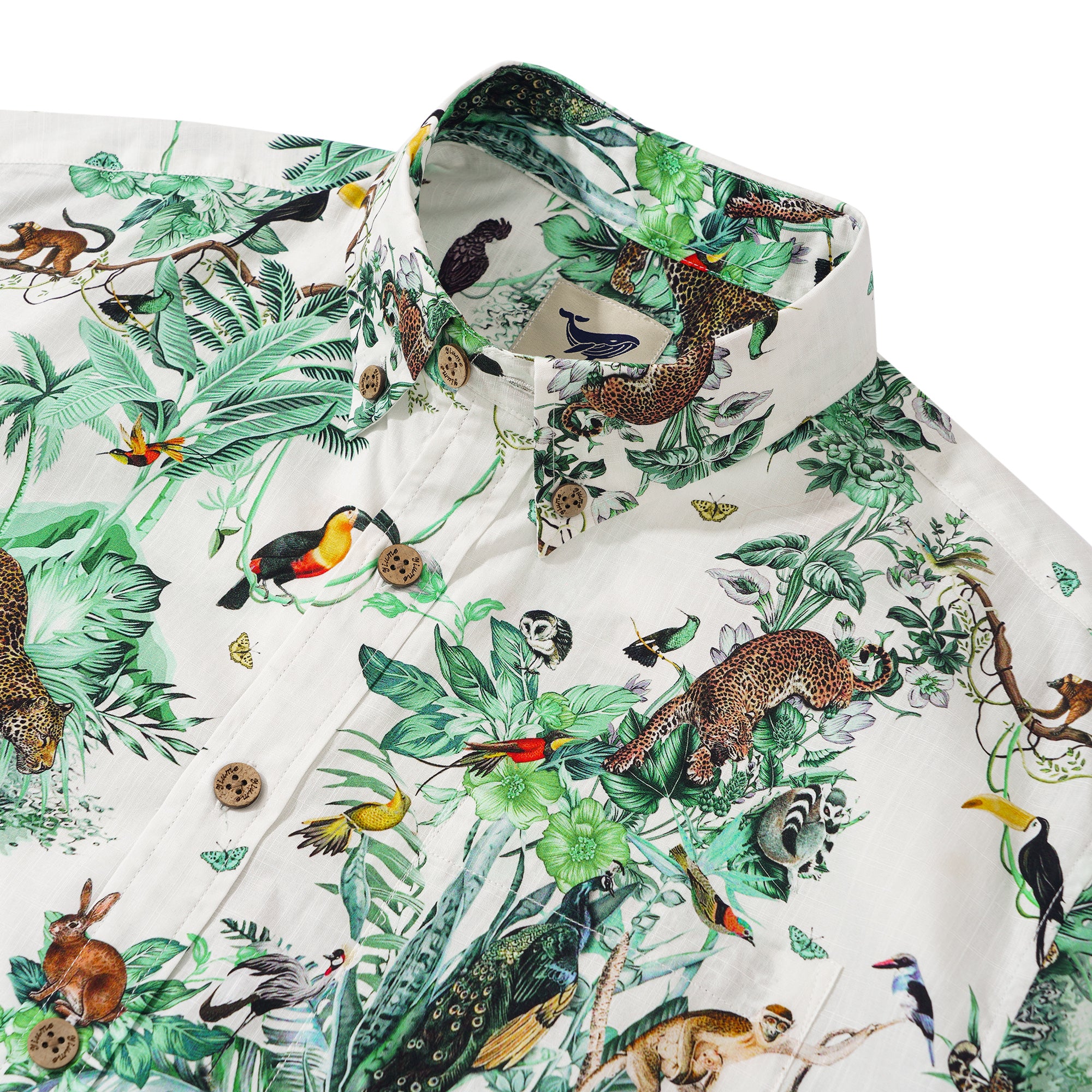 Chemise hawaïenne pour homme à manches courtes, boutonnée, 100 % coton, verte, Aloha, évasion tropicale dans la jungle.
