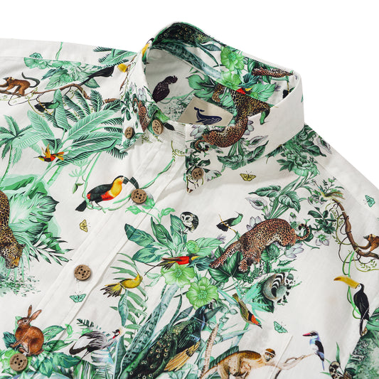 Men's Hawaiian Shirt Short Sleeve Button-down 100% Cotton Green Aloha Tropical Jungle Escape