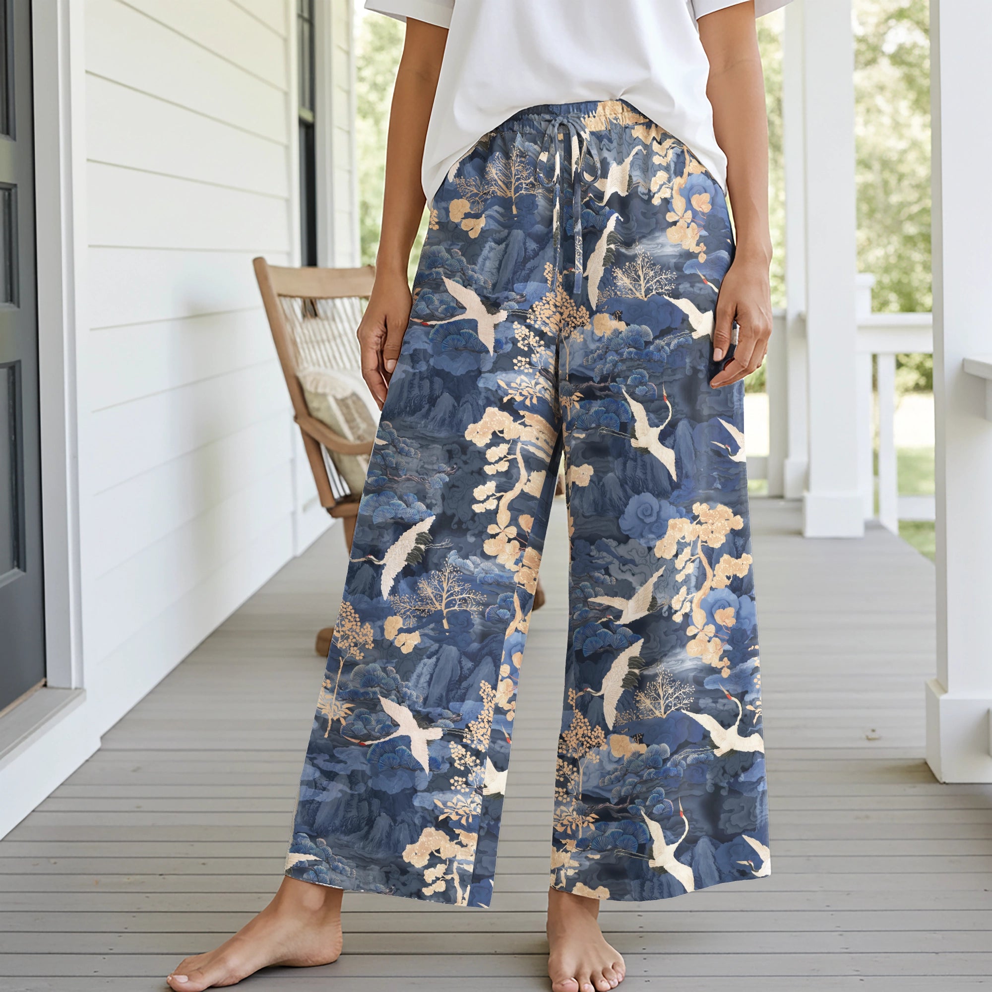 Women Casual Pants Lounge Elastic Waist Drawstring with Pockets 93% Lyocell, 7% Linen Blue Aloha Oriental Crane Landscape