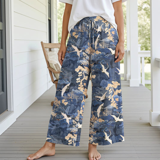Women Casual Pants Lounge Elastic Waist Drawstring with Pockets 93% Lyocell, 7% Linen Blue Aloha Oriental Crane Landscape