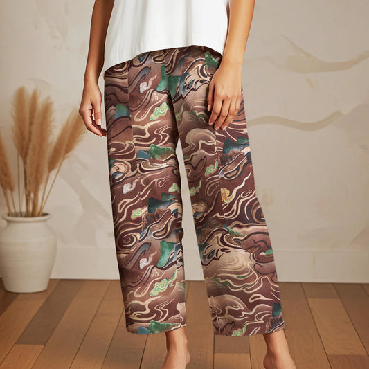 Women Casual Ankle Pants Lounge Elastic Waist with Pockets 93% Lyocell, 7% Linen Brown Aloha Ethereal Clouds And Mountains