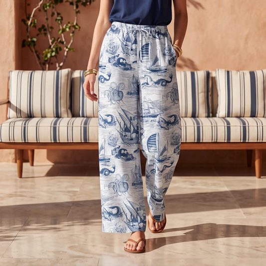 Blue Aloha women's wide leg pants with nautical art