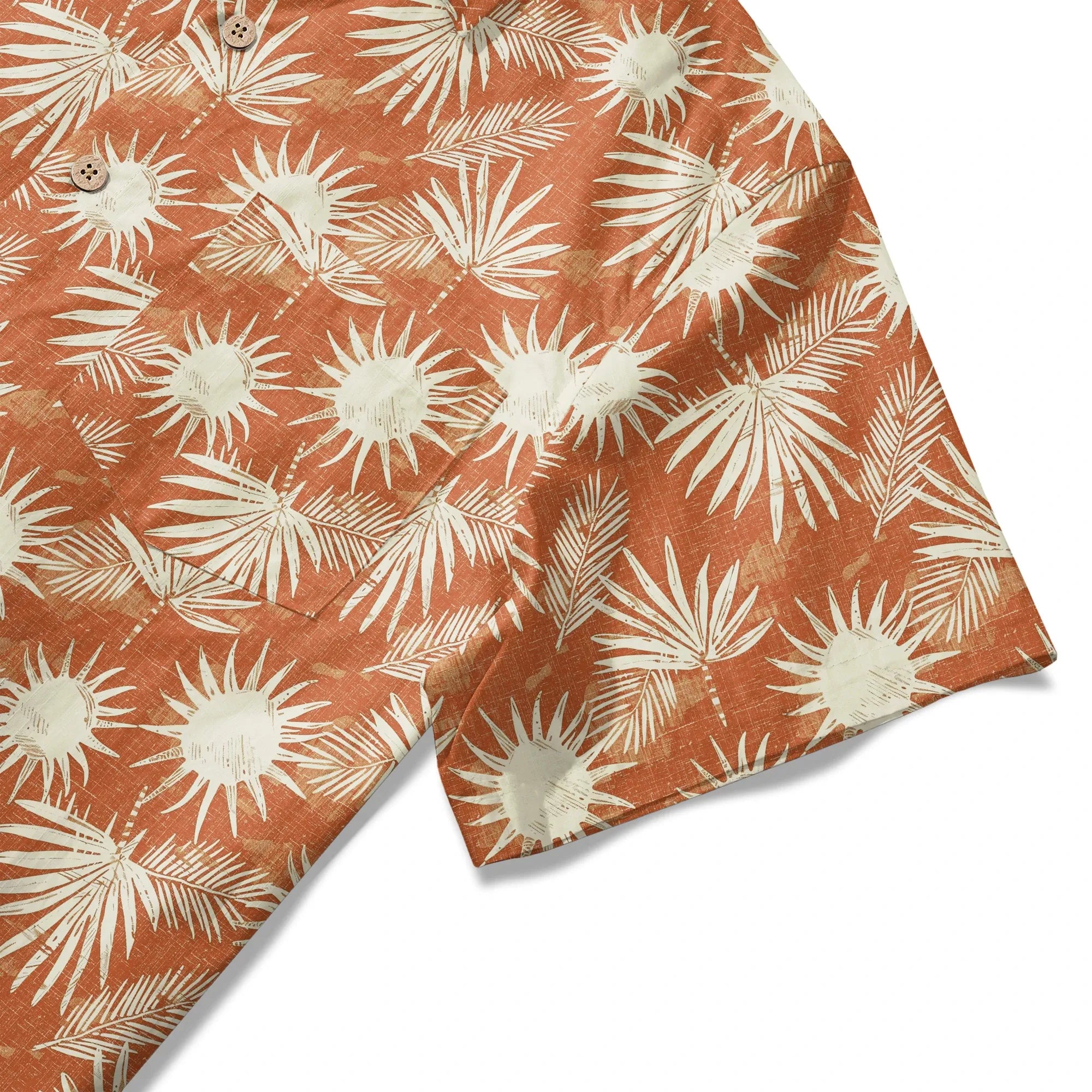 Button-up detail on orange Hawaiian shirt