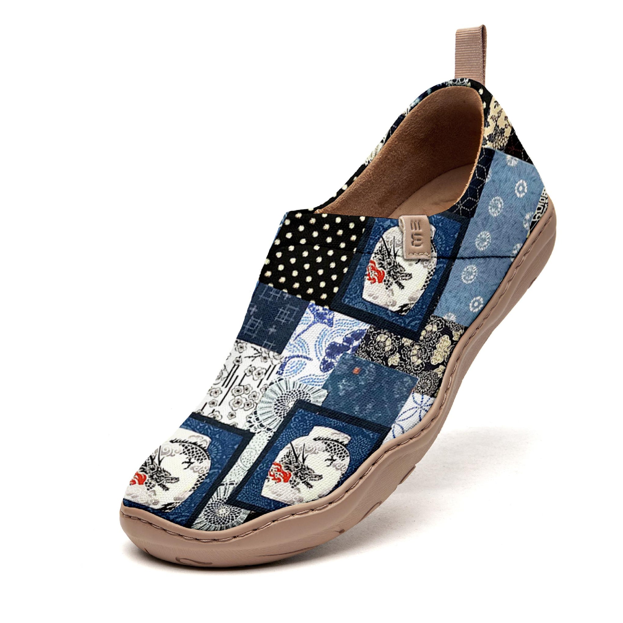 Yiume Frauenkunst Slip-on lässig Canvas-Schuhe Japanisches Patchwork gestrichen, 100% Baumwollblau, japanisch inspiriertes Hemd