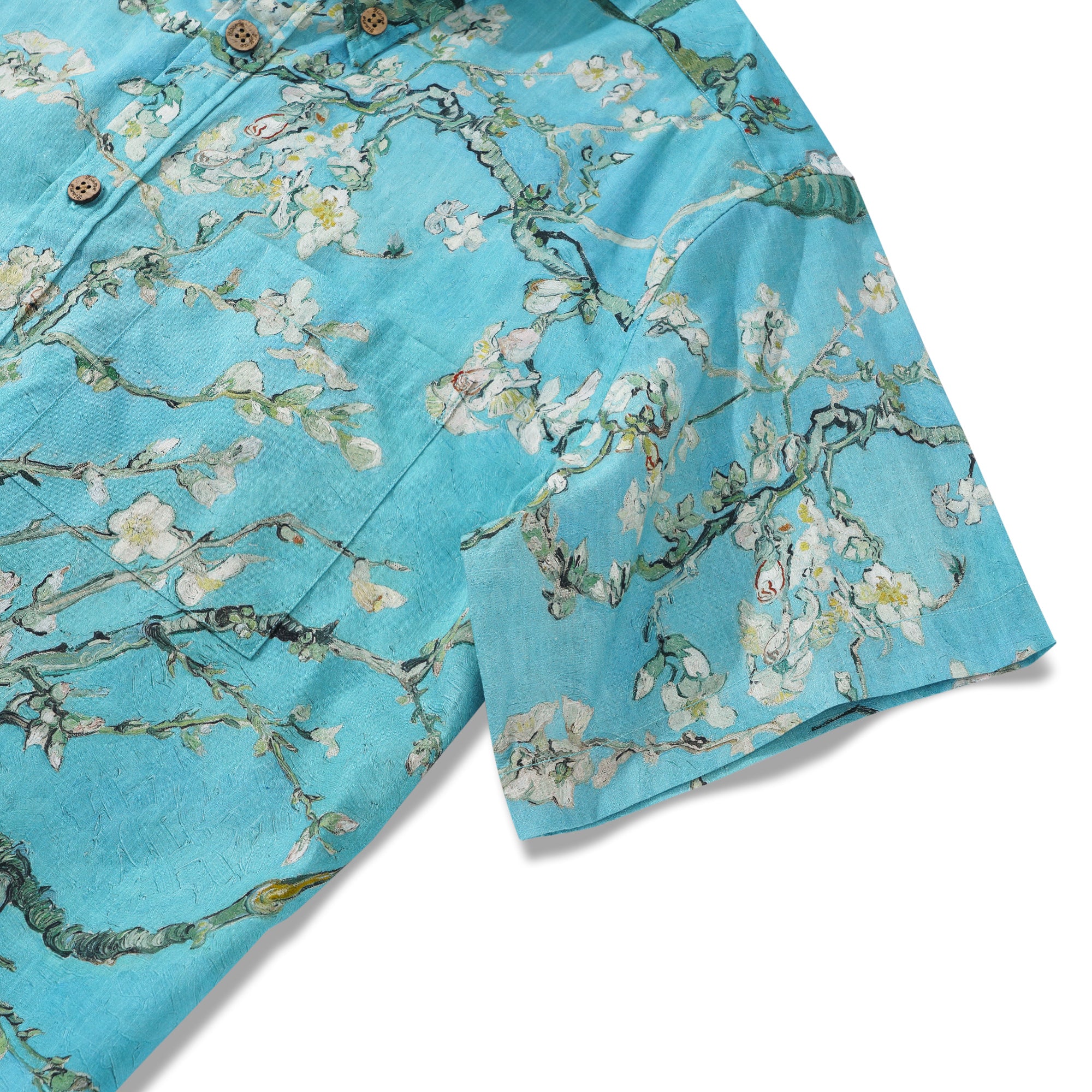 Herren Hawaii-Hemd Kurzarm Mit Knöpfen 100% Baumwolle Grün Aloha Blühende Mandel