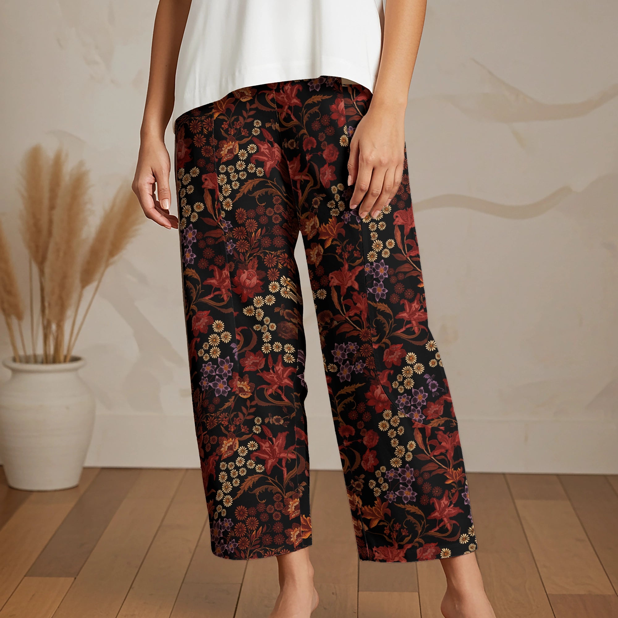 Women Casual Ankle Pants Lounge Elastic Waist with Pockets 93% Lyocell, 7% Linen Red Aloha Dark Floral Legend