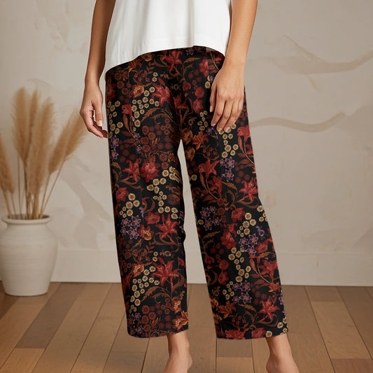 Women Casual Ankle Pants Lounge Elastic Waist with Pockets 93% Lyocell, 7% Linen Red Aloha Dark Floral Legend