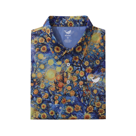 Men's Hawaiian Polo Shirt Van Gogh Sunflower Print Short Sleeve Polo Shirt Van Gogh Sunflower Polo