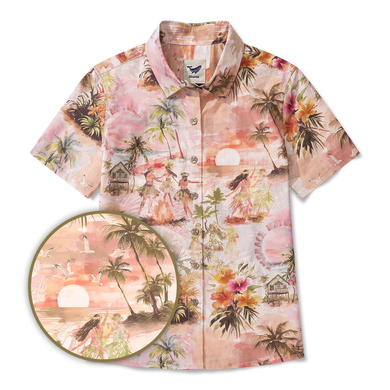 Damen Hawaiian Shirt Kurzarm Knopfverschluss 100% Baumwolle Beige Aloha Entspannende Tropen-Vibes