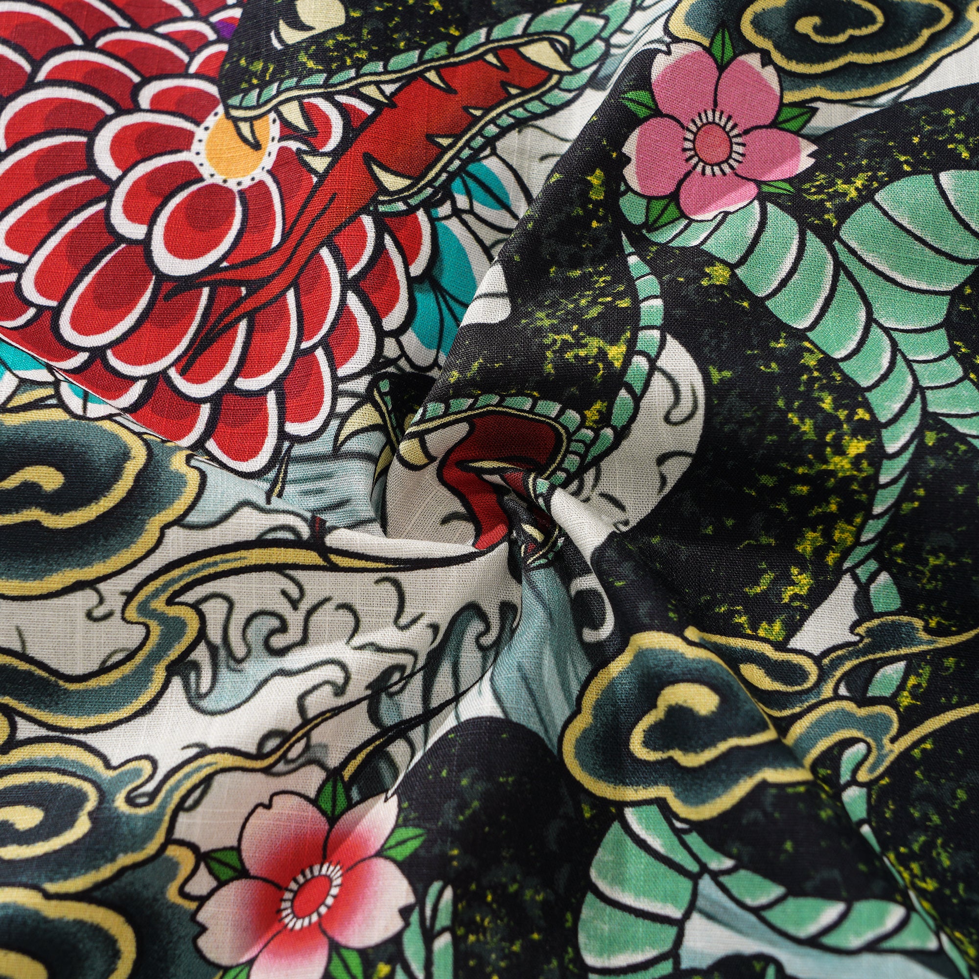 Men's Hawaiian Shirt Short Sleeve Camp Collar 100% Cotton Green Aloha Ocean Serpent Art Print