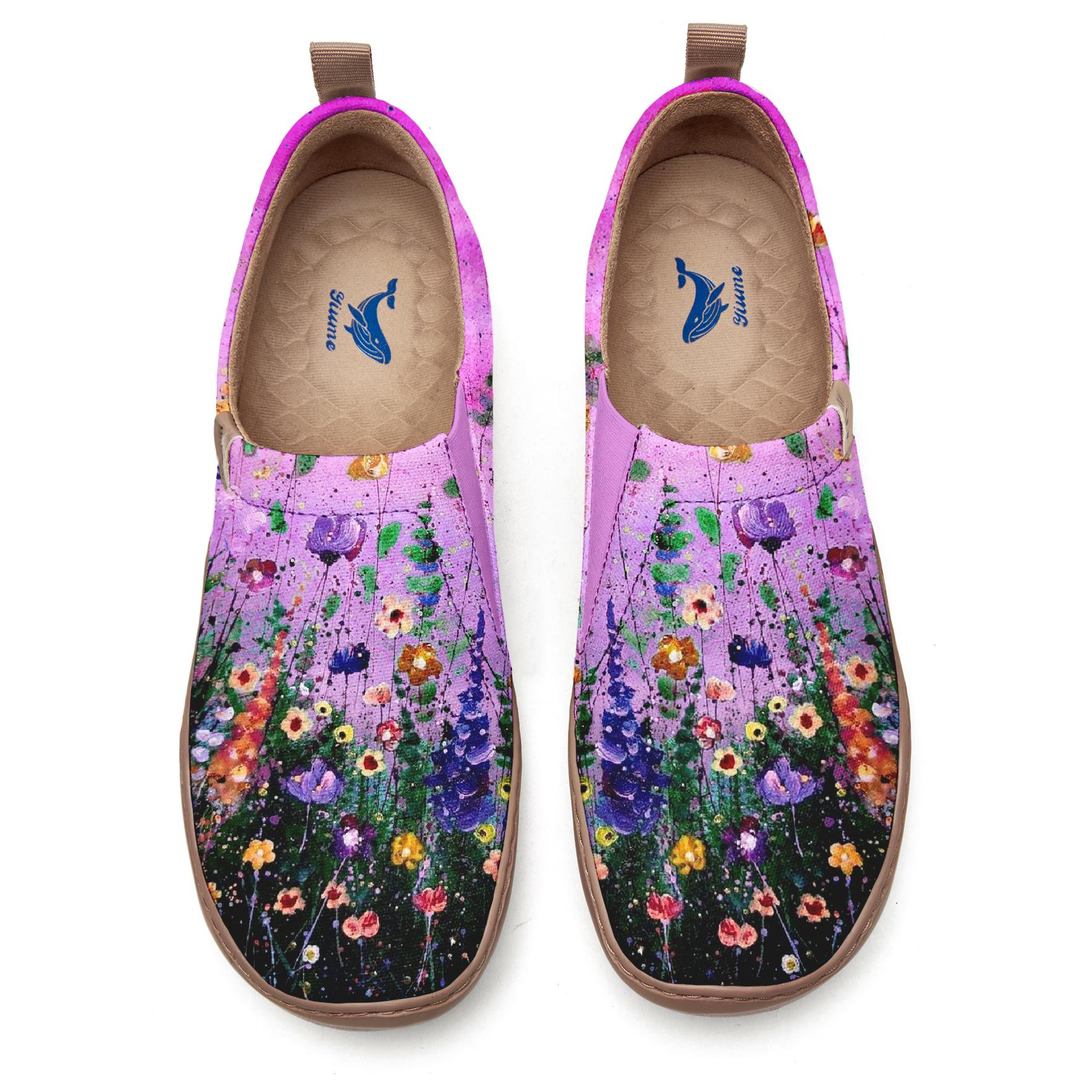 Yiume Frauenkunst Slip-on lässige Leinwandschuhe rosa Hibiscus Blüte gemalt, 100% Baumwollviolette Sternenhimmelblüte