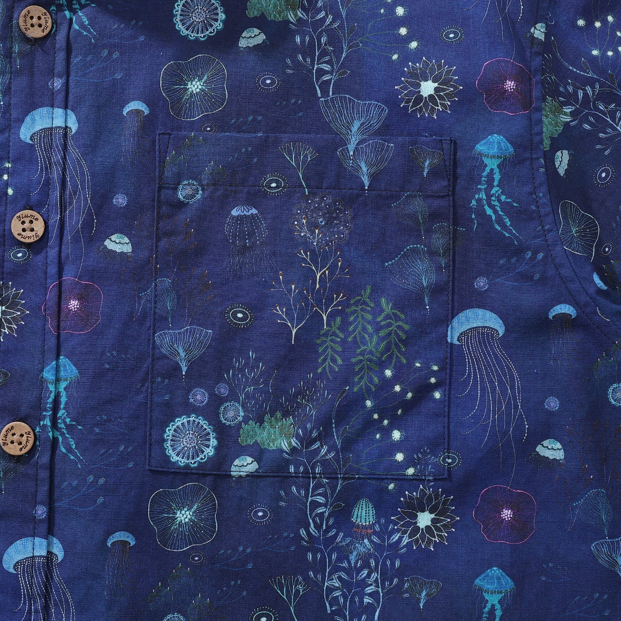 Men's Deep Blue Hawaiian Shirt 100% Cotton Button-down Short Sleeve Jellyfish Aloha Shirt