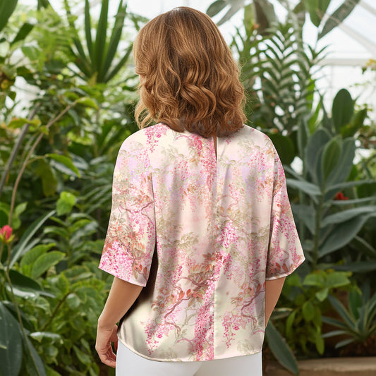 Women Casual Blouse Elbow Sleeve Round Neck Button-Back 100% Lyocell Aloha Romantic Pink Vine