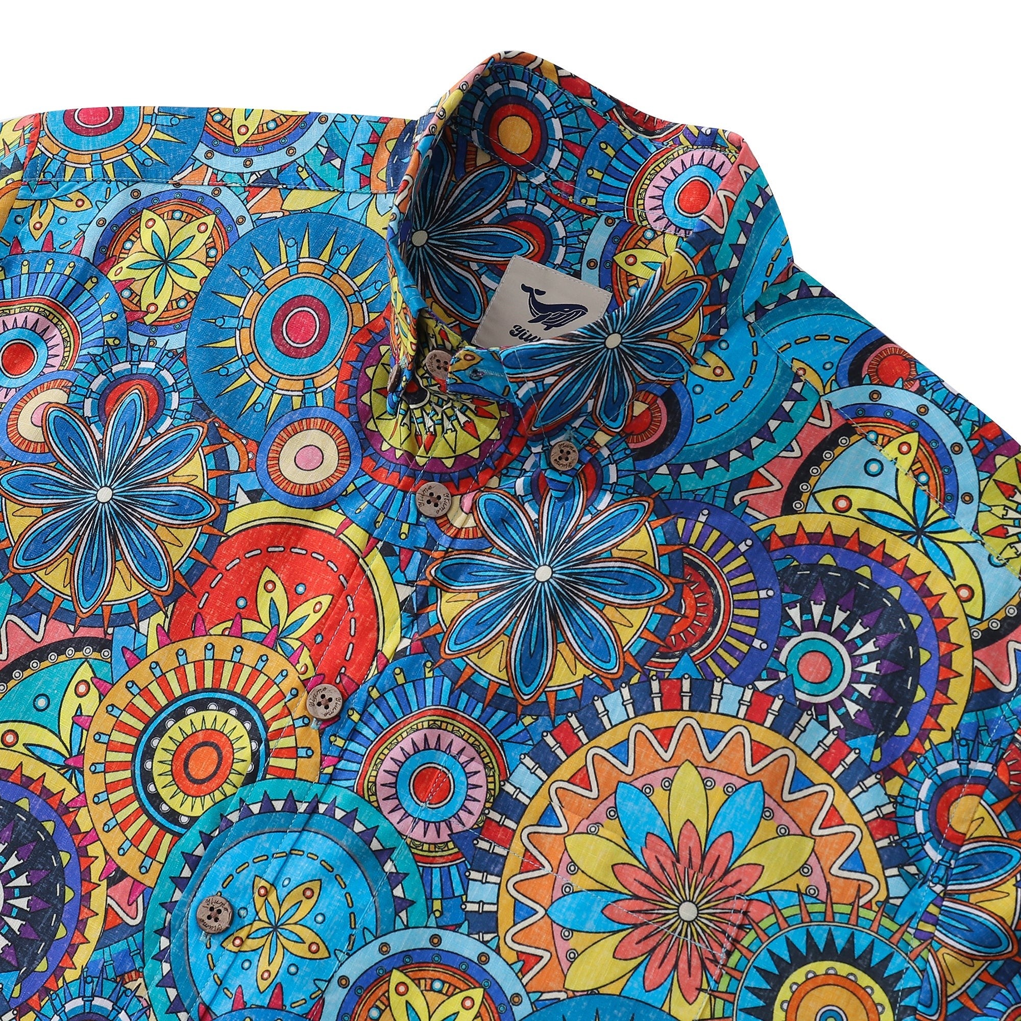 Blue Mandala Hawaiian Shirt For Men Short Sleeve Geometric Button-down Shirt 100% Cotton Shirt Mandala Mosaic
