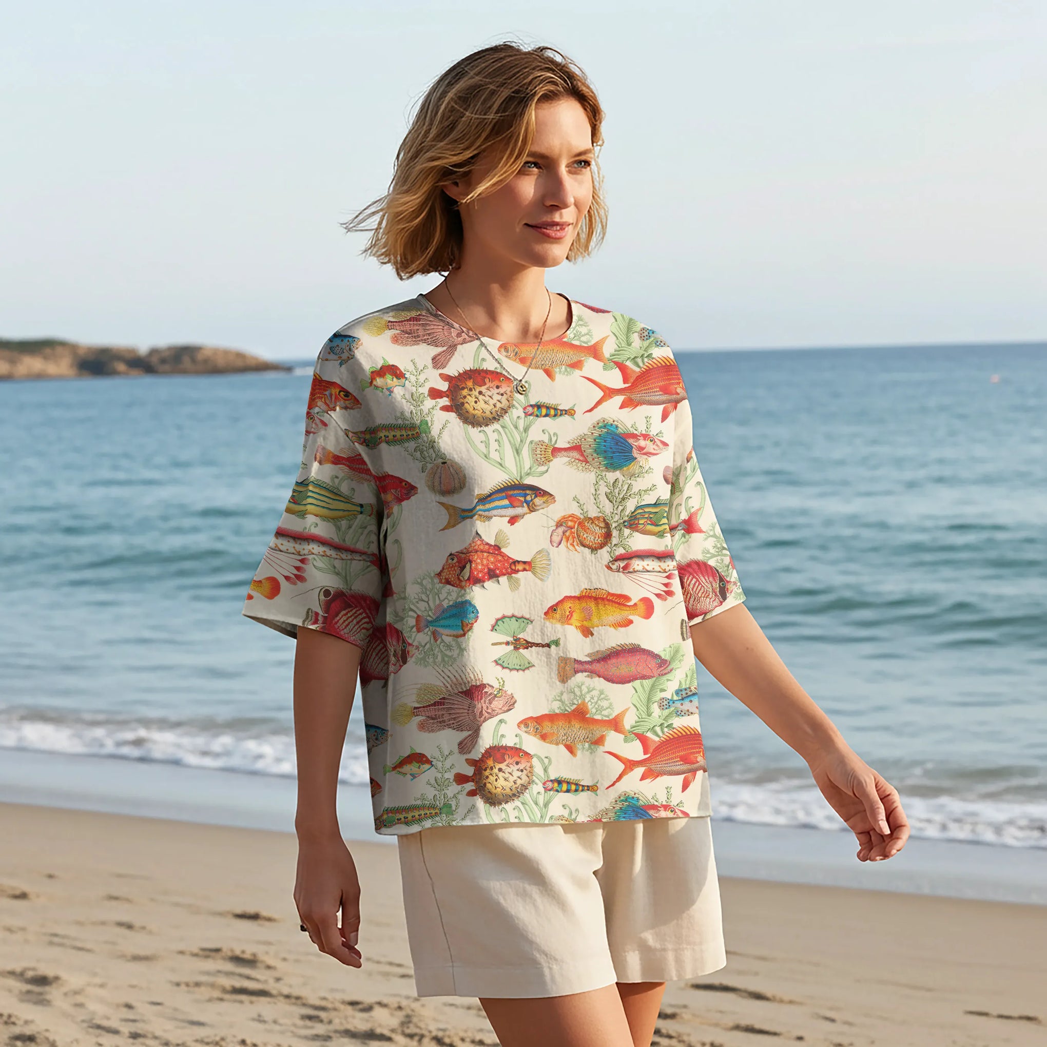 Women Casual Blouse Elbow Sleeve Crew Neck Button-Back 95% Lyocell, 5% Linen Beige Aloha Symphony Of The Sea