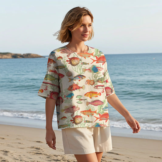 Women Casual Blouse Elbow Sleeve Crew Neck Button-Back 95% Lyocell, 5% Linen Beige Aloha Symphony Of The Sea