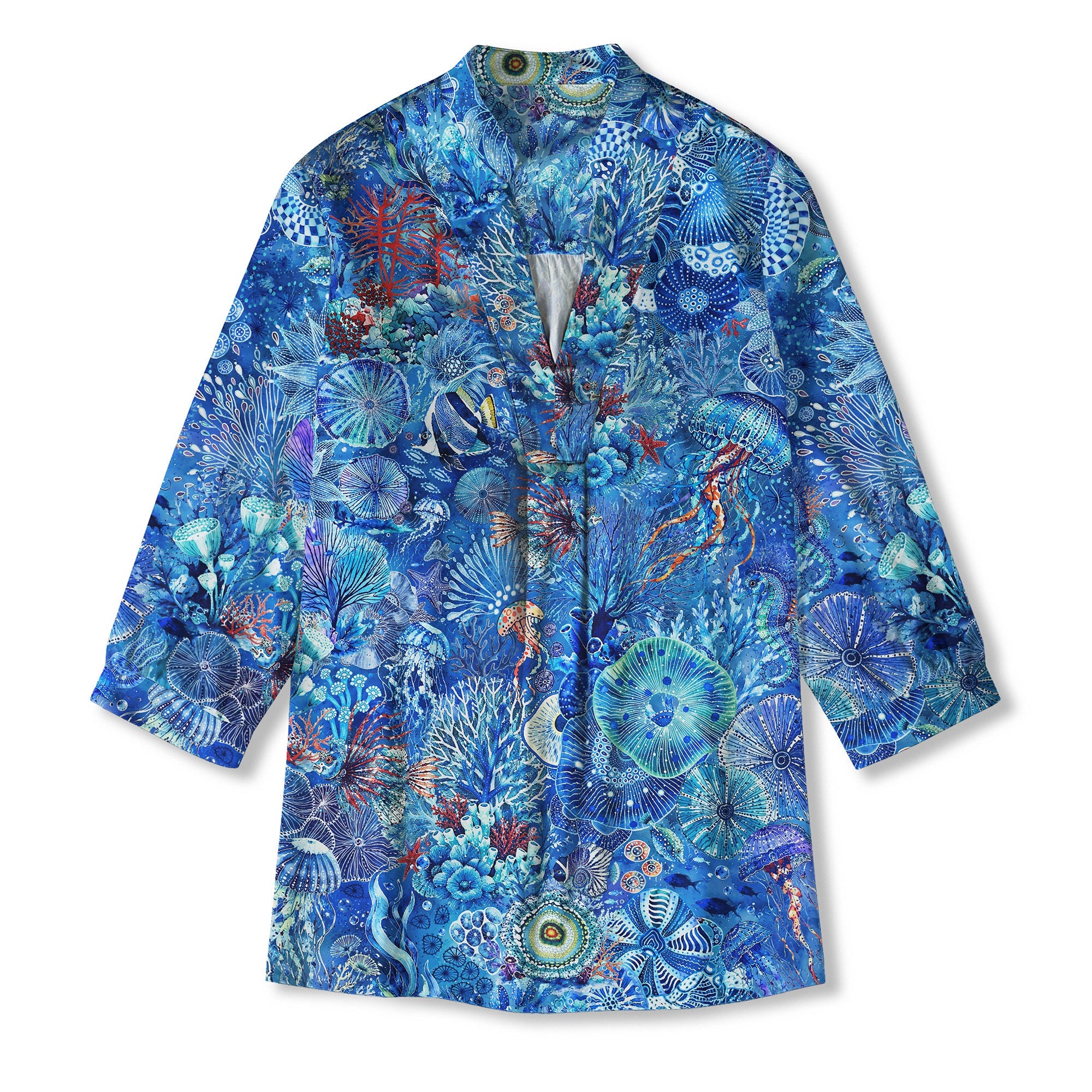Women's 3/4 sleeve blouse, blue watercolor art design