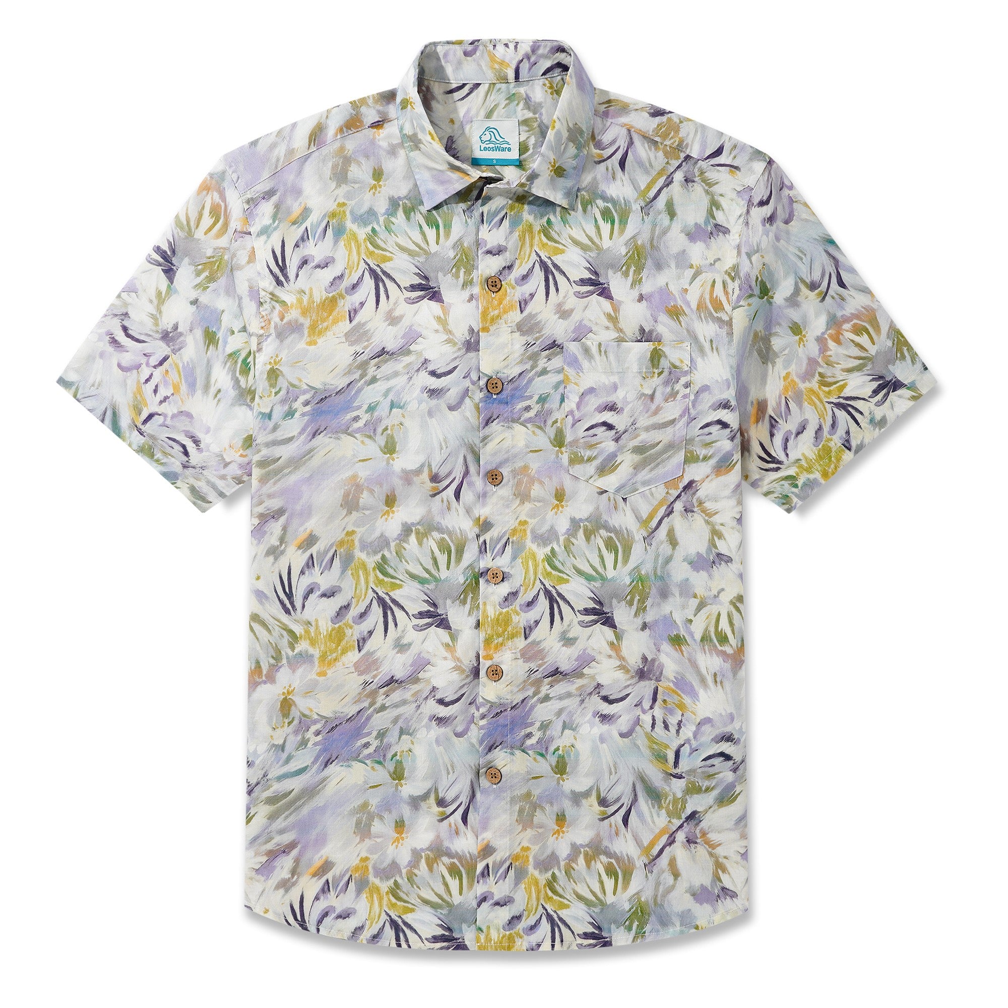 LeosWare® Men's Hawaiian Shirt Short Sleeve Button-up 100% Cotton Green Aloha Fresh And Light Botanical Illustration